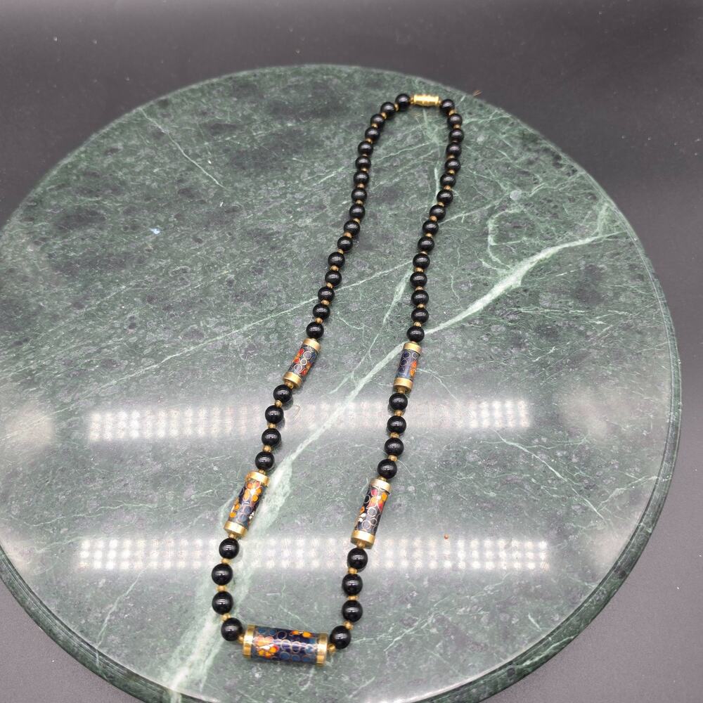 Vintage Black Onyx Cloisonne Enamel Beaded Necklace Floral Gold Tone